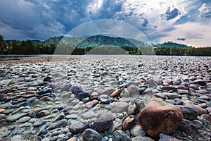 River landscape with stones. Katun River, Altai Mountains