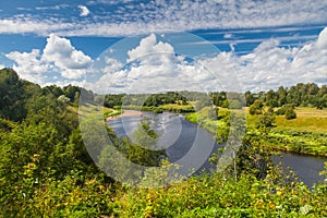 River landscape in summer and blue sky