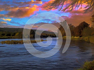 River landscape during sunsetwith colorful cloudscape
