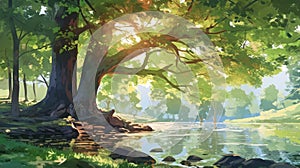 River With Large Canopy Tree In Makoto Shinkai Style