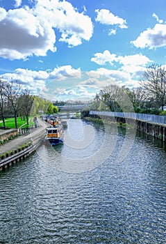 River Lea at Bow with longboats moored