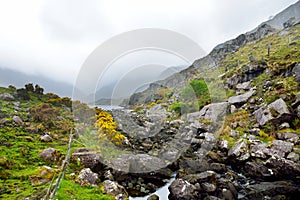 The River Loe and narrow mountain pass road wind through the valley of the Gap of Dunloe, nestled in the Macgillycuddy`s Reeks