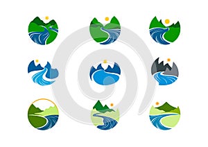 River logo, nature mountain symbol design