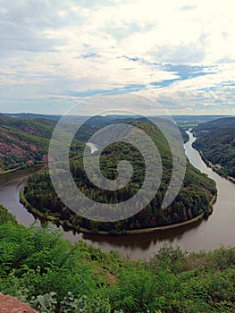 River loop Saarschleife of river Saar. View from viewing point Cloef in Orscholz photo