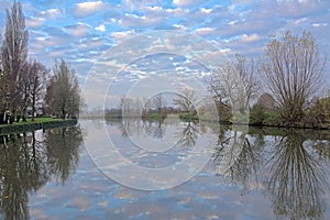 River Lys with bare willow trees reflecting in the water in the Flemish countryside