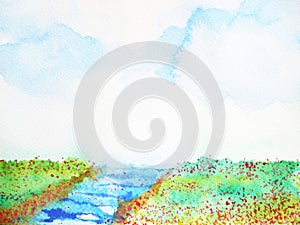 River and meadow flower field landscape watercolor painting
