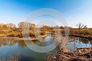 river meander with trees around during early springtime - Odra river in CHKO Poodri in Czech republic photo