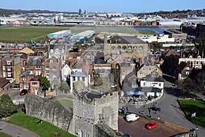 River Medway and Rochester High Street viewed from Rochester Castle, Kent, England, UK.