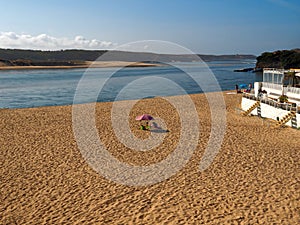 River Mira with beach in Vila Nova de Milfontes in Portugal at river Mira