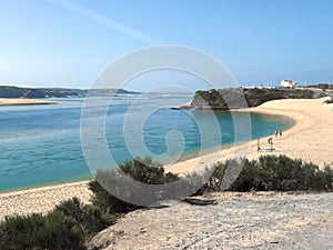 River Mira with beach in Vila Nova de Milfontes in Portugal at river Mira