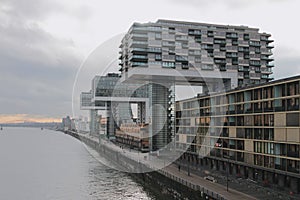 River and modern buildings on embankment. Cologne, Germany