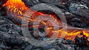 A river of molten lava ss its way through fields of black volcanic rock showcasing the raw untamed power of the natural