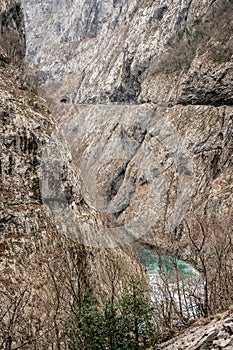 River Moraca, canyon Platije. montenegro, canyon, mountain road. Picturesque journey along roads of Montenegro among rocks and