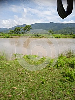 River mountain clouds sky nature