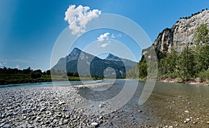 River and mountain landscape with a great view in high summer