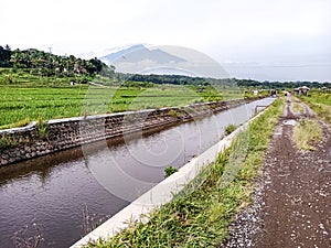 River,mountain road, ricefields and irrigation