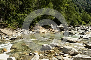 River in a mountainous landscape in Grisons, Switzerland