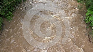 River in Mountains, Muddy Stream after Stormy Raining, Inundation, Flooding Creek in Torrential Rain, Calamity, Natural Disaster