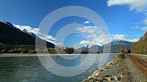 River and mountains, railroad and road in the Rocky Mountains