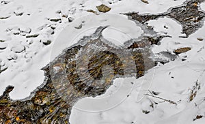 River in the mountains in winter, snow landscape