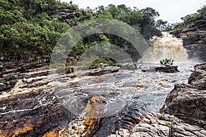 The river Mucugezinho in Chapada Diamantina, Bahia, Brazil with running water, forming a waterfall and Poco do Pato