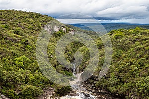 The river Mucugezinho in Chapada Diamantina, Bahia, Brazil with running water, forming a waterfall and Poco do Pato