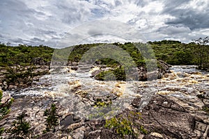 The river Mucugezinho in Chapada Diamantina, Bahia, Brazil with running water, forming a waterfall and Poco do Pato