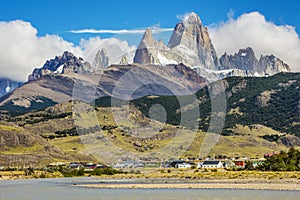 River near El Chalten and panorama with Fitz Roy mountain at Los Glaciares National Park