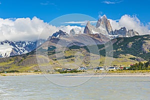 River near El Chalten and panorama with Fitz Roy mountain at Los Glaciares National Park