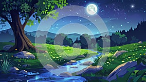 A river in a night forest, a mountain landscape, green grass under a tree, a glowing stream near meadow, an empty woods