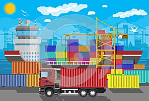 Cargo ship, container crane, truck. Port logistics