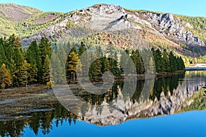 The river Oka and Sayan Mountains reflection