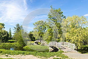 River park with foot bridges in summer