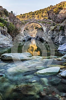 River passing through Genoese bridge at Asco in Corsica