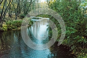 River when passing through town with leafy margins photo