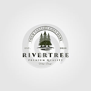 River pine tree vintage logo vector illustration design