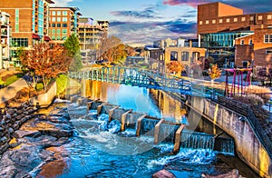 River Place and Reedy River at sunrise in Greenville, South Carolina SC.