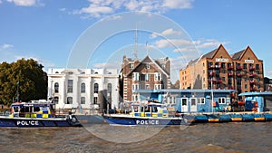 River Police Boat. Marine Police Force docked at the police station in London.