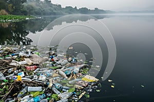 River polluted with discarded plastic bottles and trash