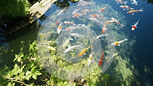 River pond decorative orange underwater fishes nishikigoi. Aquarium koi Asian Japanese wildlife colorful landscape