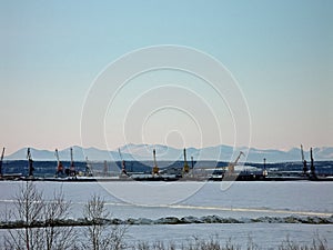 River port on the river of the city of Salekhard. Port cranes an