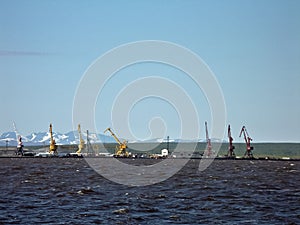 River port on the river of the city of Salekhard. Port cranes an