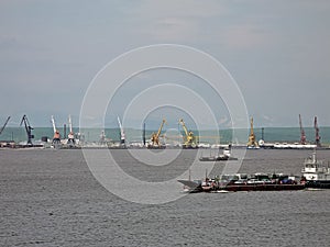 River port on the river of the city of Salekhard. Port cranes an