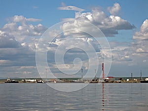 River port on the river of the city of Salekhard. Port cranes an