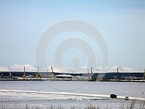 River port on the river of the city of Salekhard. Port cranes an