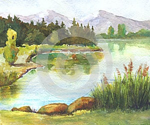 River with reeds, trees reflection watercolor landscape handmade illustration