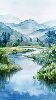 A river rendered in beautiful pastels, meandering peacefully through a serene watercolor scene.AI Generate