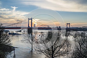 The river Rhine is flooding the Muehlenweide of the city of Duisburg