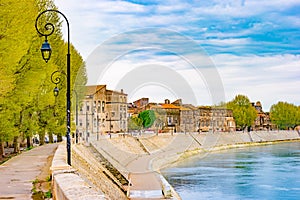 The river Rhone at Arles overlooking the old town. Buches du Rhone