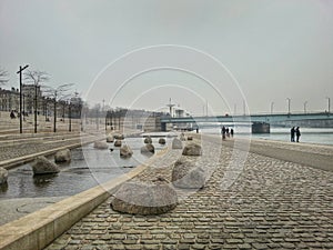 The river rhone park and the stone sculpture, Lyon old town, France